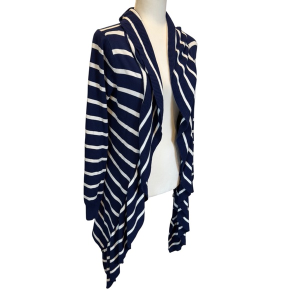 Soft Surroundings Navy White Stripe Open Front Waterfall Neck Cardigan Sweater - Picture 5 of 8
